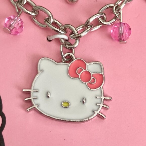 Sanrio Hello Kitty Cat Charm Bracelet Cute Enamel 7-8" Heart Bow Pink White NWT - Picture 4 of 8